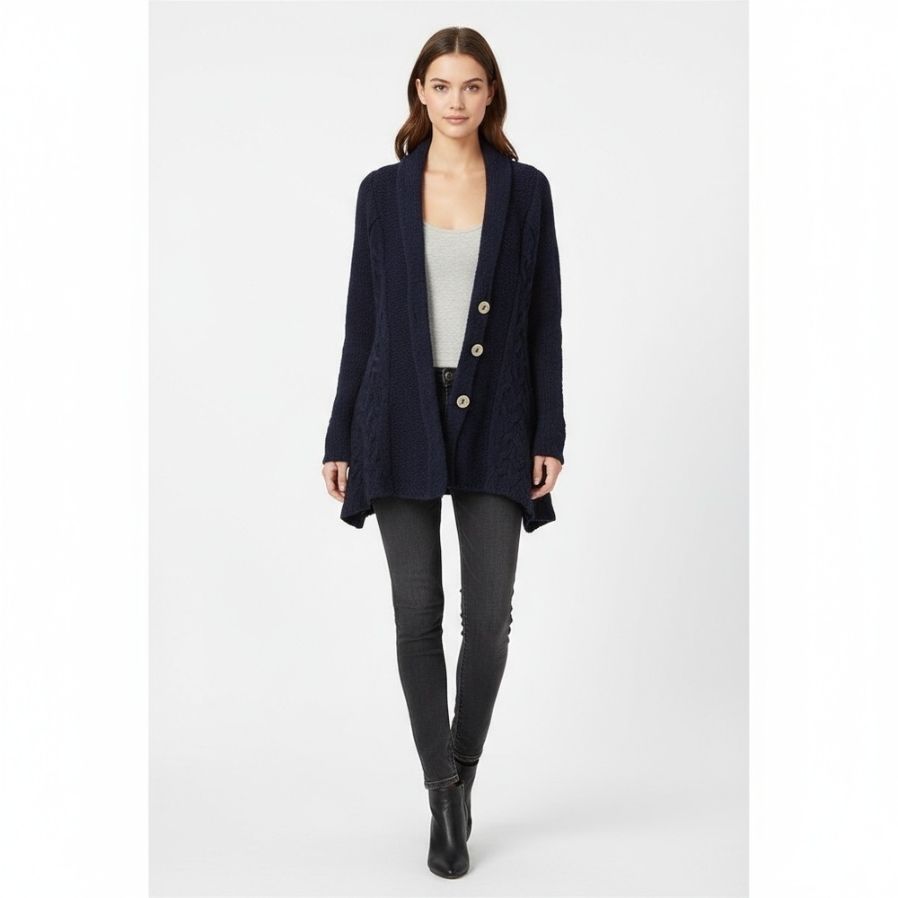 Free People Far Away Cable Knit Cardigan Womens Size M Blue Shawl Collar